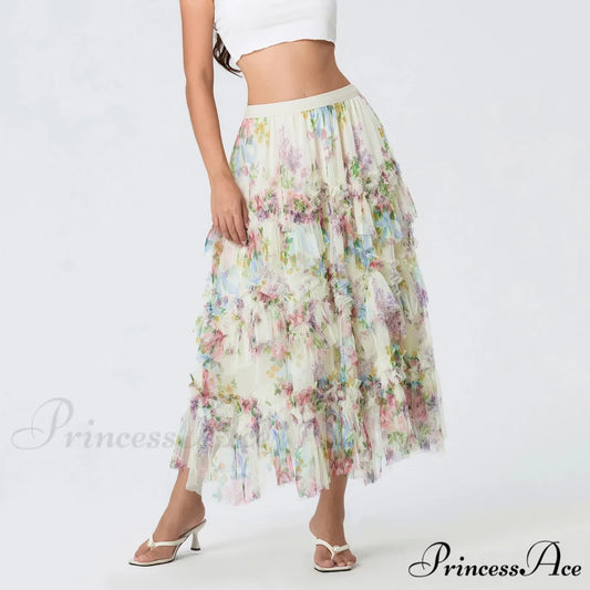 Early Autumn Floral Pattern Frill Mesh Skirt Women A-line Midi Beige / S skirt-250126