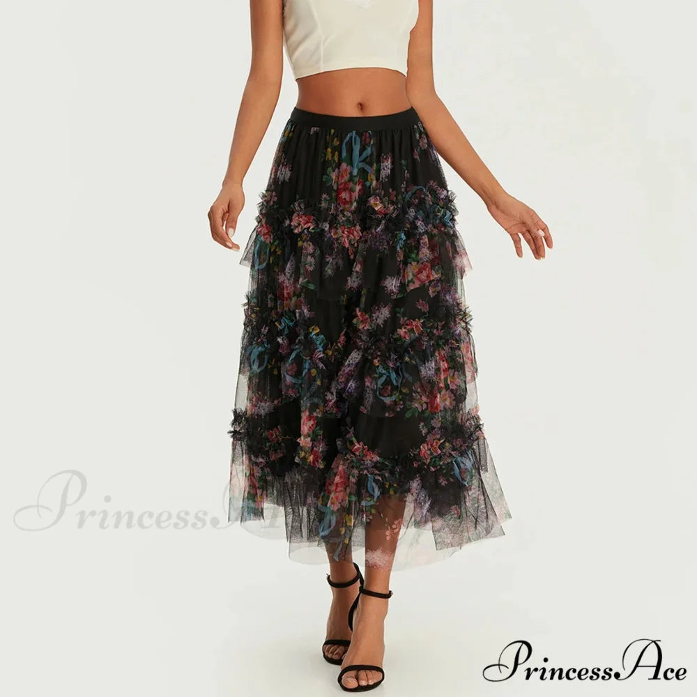 Early Autumn Floral Pattern Frill Mesh Skirt Women A-line Midi Black / S skirt-250126