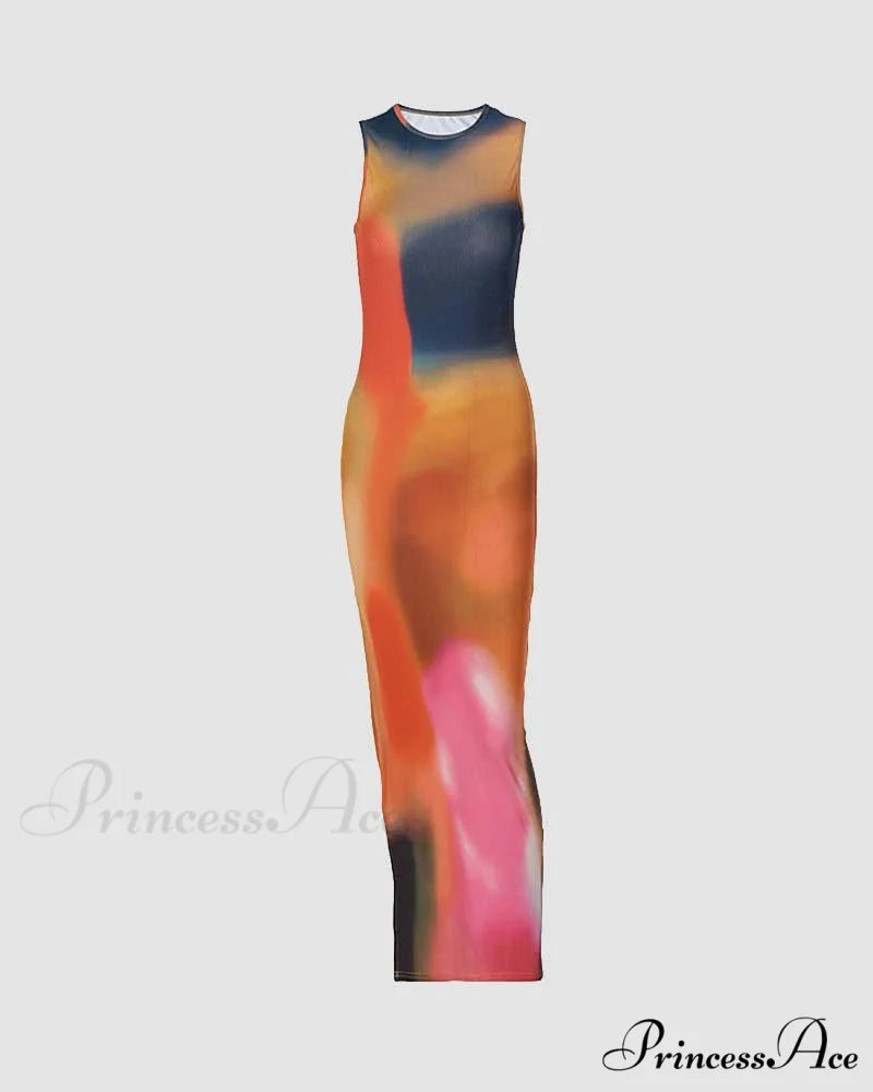 Earthen Gradient Stylish Maxi Slit Dress Multicolor / XS