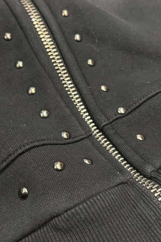 Rhinestone Distressed Zip-Up Hoodie