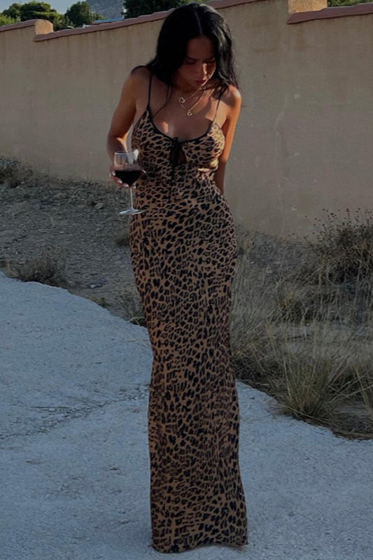 Leopard Off Shoulder Tie Back Maxi Dress