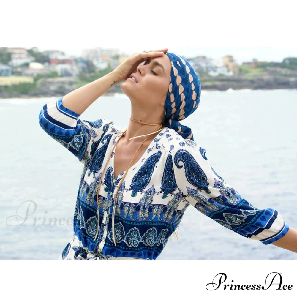 Eclectic Azure Flower Pattern Plunging Neckline Cinched Waist Summer Dress bohodress-250126