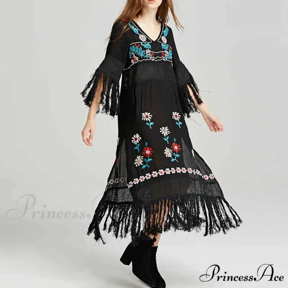 Eclectic Ebony Cotton Flower Stitch Dress Black / S bohodress-250126