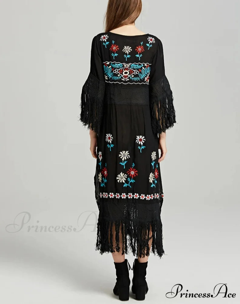 Eclectic Ebony Cotton Flower Stitch Dress bohodress-250126