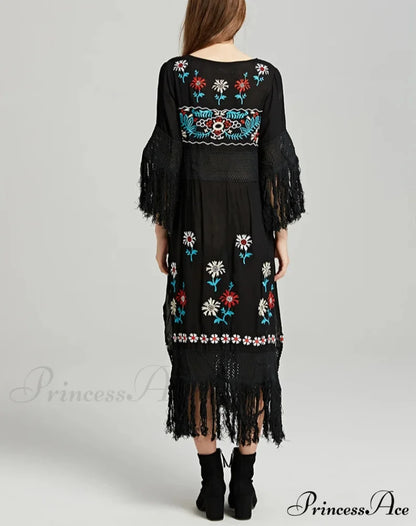 Eclectic Ebony Cotton Flower Stitch Dress bohodress-250126