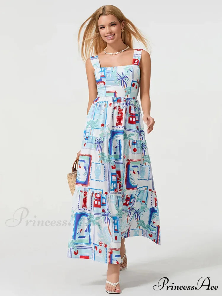 Eclectic Flower Geometric Pattern Flow Tank Square Neck Sleeveless A-Line Dress BLUE2 / S floraldress-250126