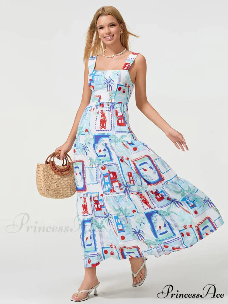 Eclectic Flower Geometric Pattern Flow Tank Square Neck Sleeveless A-Line Dress floraldress-250126