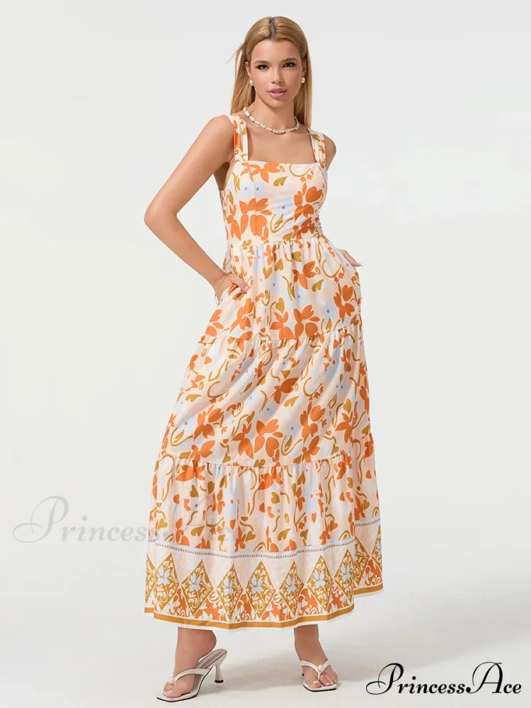 Eclectic Flower Geometric Pattern Flow Tank Square Neck Sleeveless A-Line Dress floraldress-250126