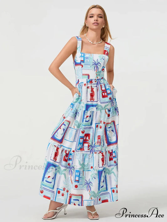 Eclectic Flower Geometric Pattern Flow Tank Square Neck Sleeveless A-Line Dress floraldress-250126