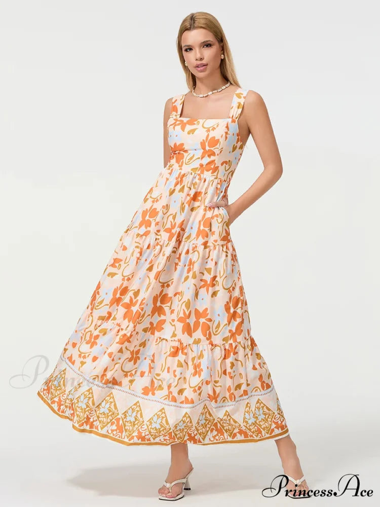Eclectic Flower Geometric Pattern Flow Tank Square Neck Sleeveless A-Line Dress ORANGE / S floraldress-250126