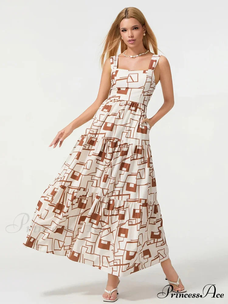 Eclectic Flower Geometric Pattern Flow Tank Square Neck Sleeveless A-Line Dress WHITE / S floraldress-250126