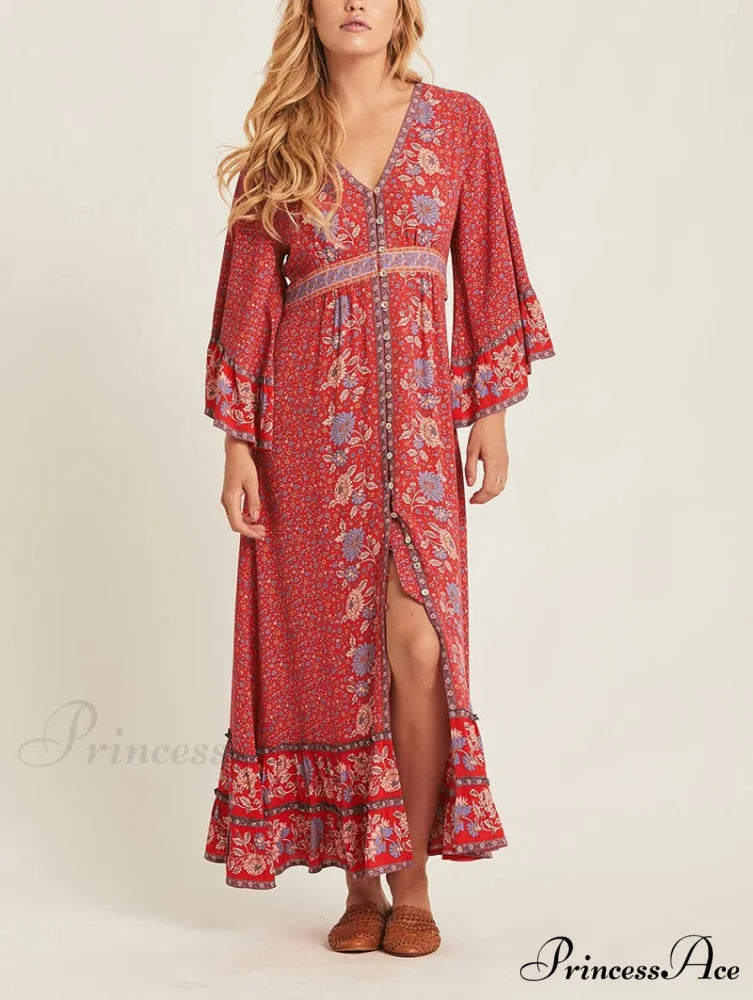Eclectic Flower Pattern Long Dress Red / S bohodress-250126