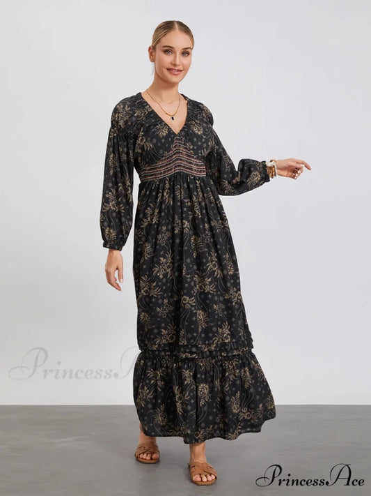 Eclectic Flower Pattern Puff Sleeve Swing Flower Dress BLACK1 / S floraldress-250126