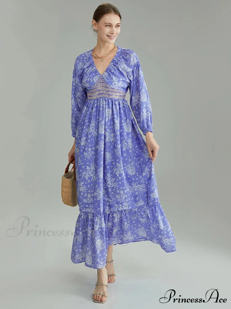 Eclectic Flower Pattern Puff Sleeve Swing Flower Dress BLUE / S floraldress-250126