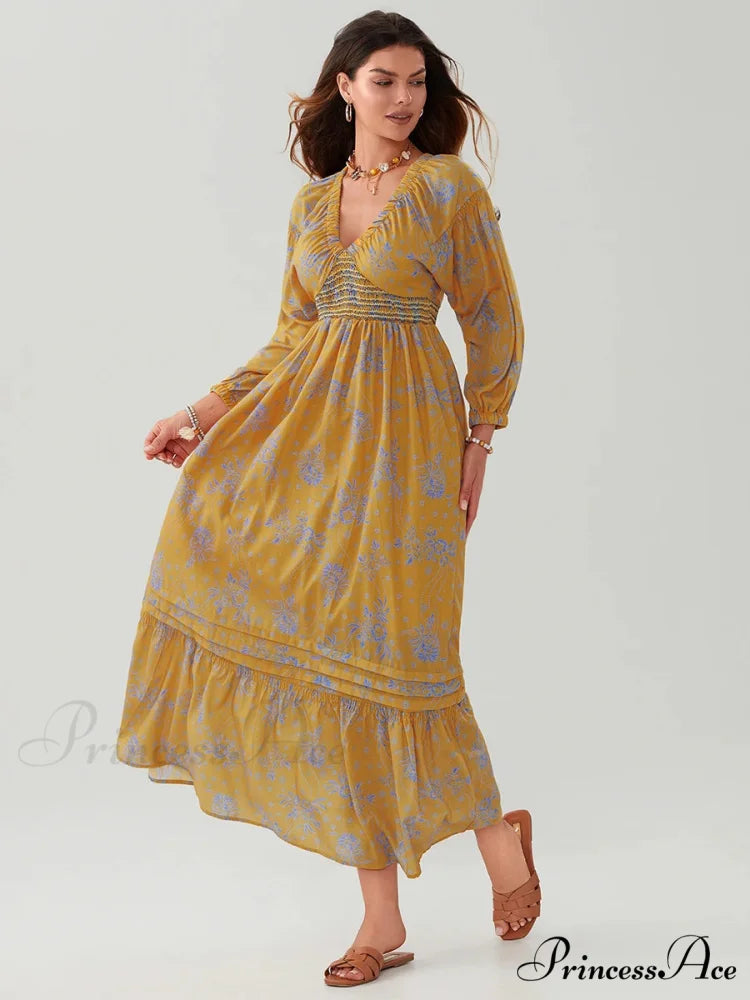 Eclectic Flower Pattern Puff Sleeve Swing Flower Dress floraldress-250126