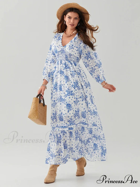 Eclectic Flower Pattern Puff Sleeve Swing Flower Dress floraldress-250126