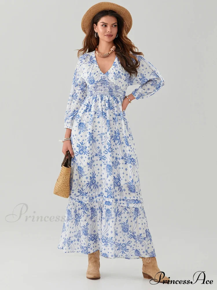 Eclectic Flower Pattern Puff Sleeve Swing Flower Dress LIGHT BLUE / S floraldress-250126