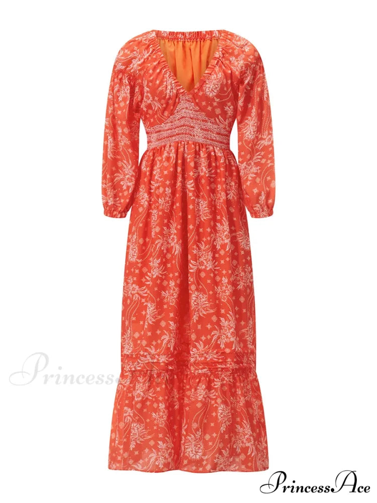 Eclectic Flower Pattern Puff Sleeve Swing Flower Dress ORANGE / S floraldress-250126
