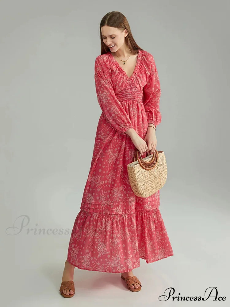 Eclectic Flower Pattern Puff Sleeve Swing Flower Dress RED1 / S floraldress-250126