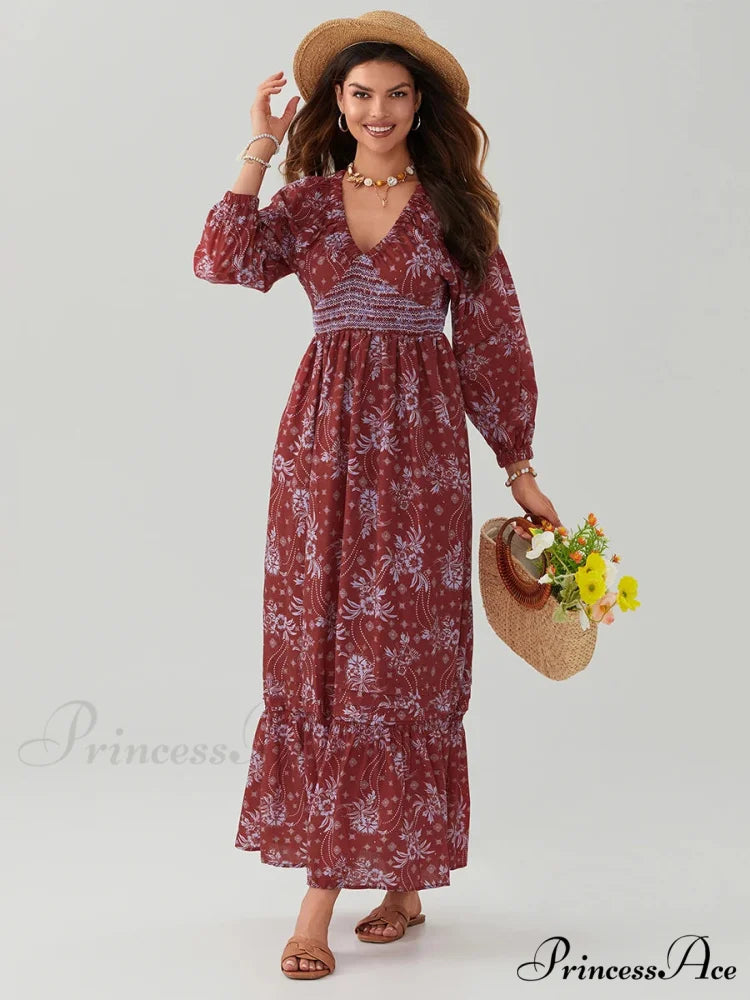 Eclectic Flower Pattern Puff Sleeve Swing Flower Dress RED2 / S floraldress-250126