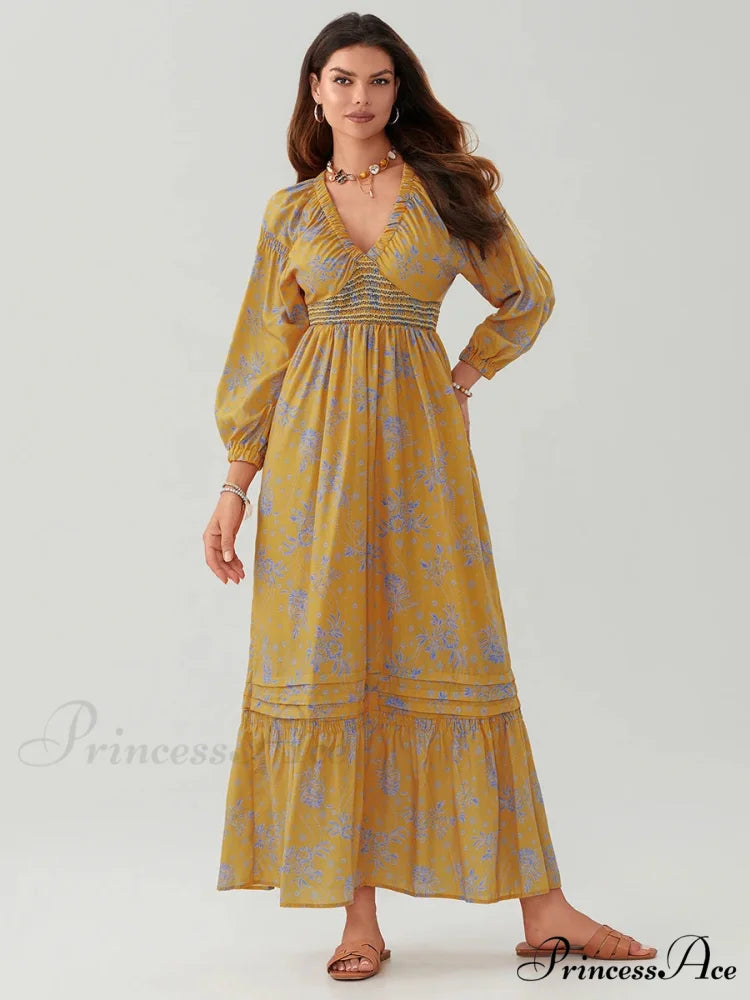Eclectic Flower Pattern Puff Sleeve Swing Flower Dress YELLOW / S floraldress-250126