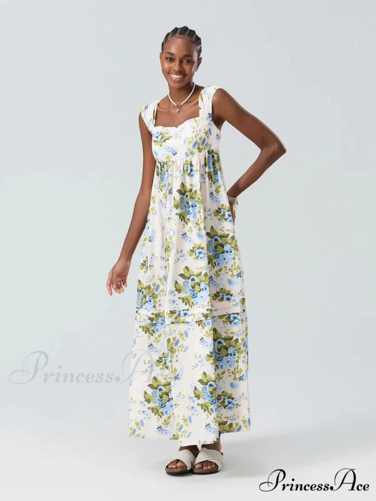 Eclectic Flower Tank Back Tied Square Neck Frilly Flowy Flower Dress floraldress-250126