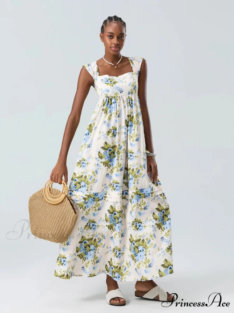 Eclectic Flower Tank Back Tied Square Neck Frilly Flowy Flower Dress floraldress-250126