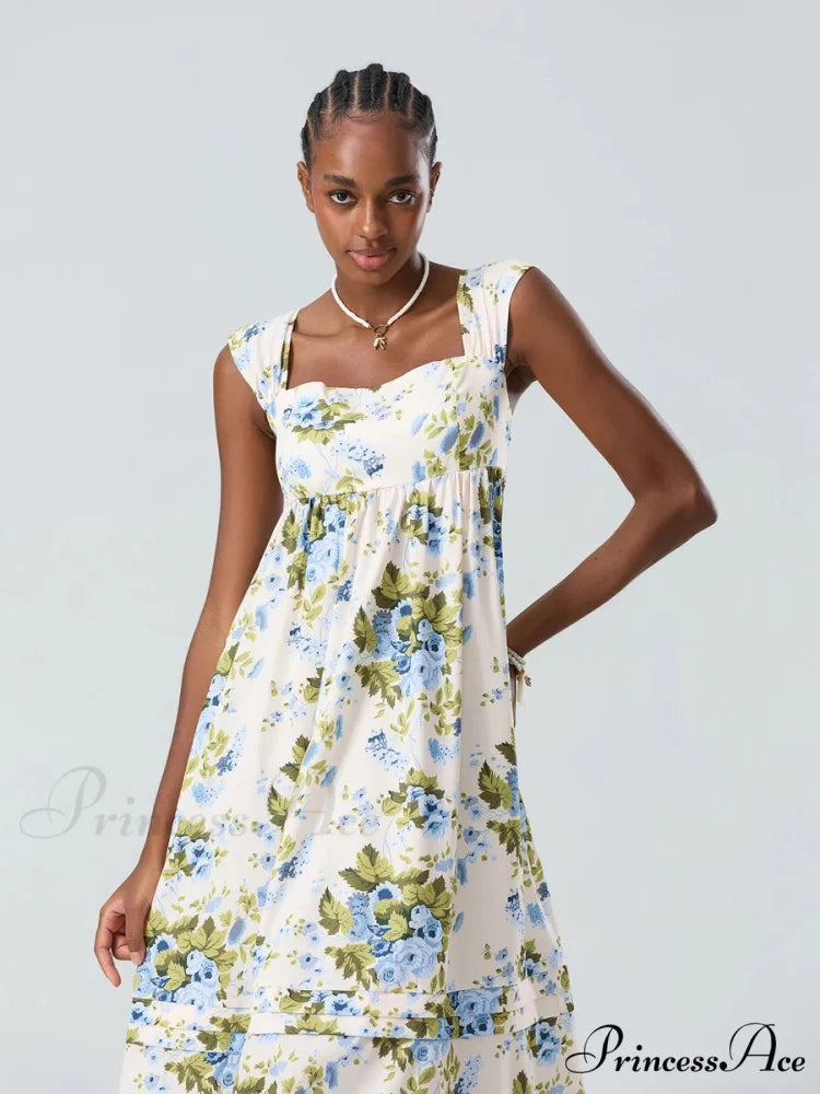 Eclectic Flower Tank Back Tied Square Neck Frilly Flowy Flower Dress floraldress-250126