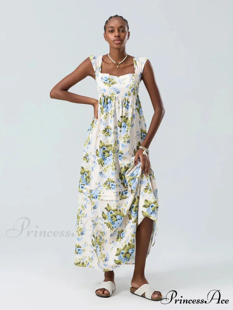 Eclectic Flower Tank Back Tied Square Neck Frilly Flowy Flower Dress Green / S floraldress-250126