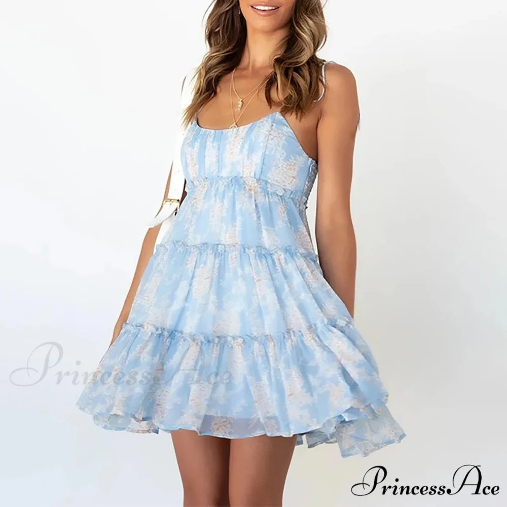 Eclectic Flowery Spaghetti Strap Informal Floral Dress Blue / S floraldress-250126