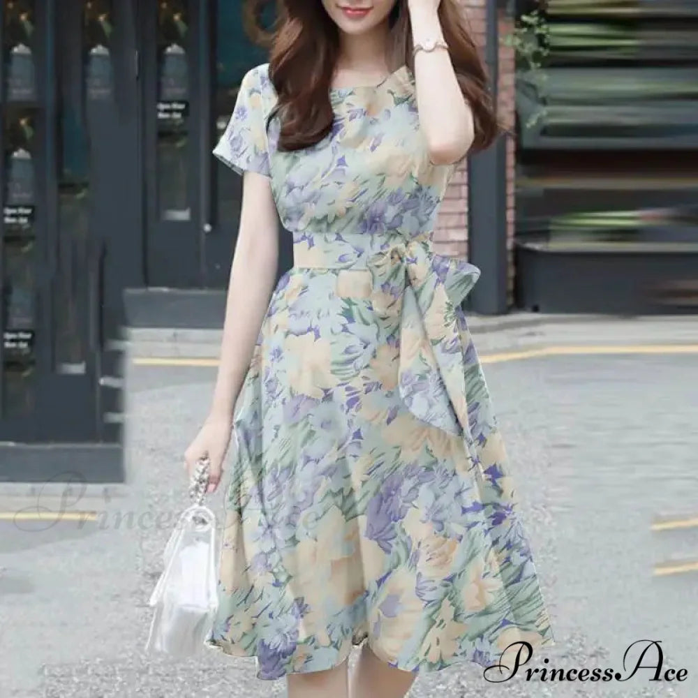 Eclectic Knee-length Flower Print Sundress Blue / S oldfloraldress-250126