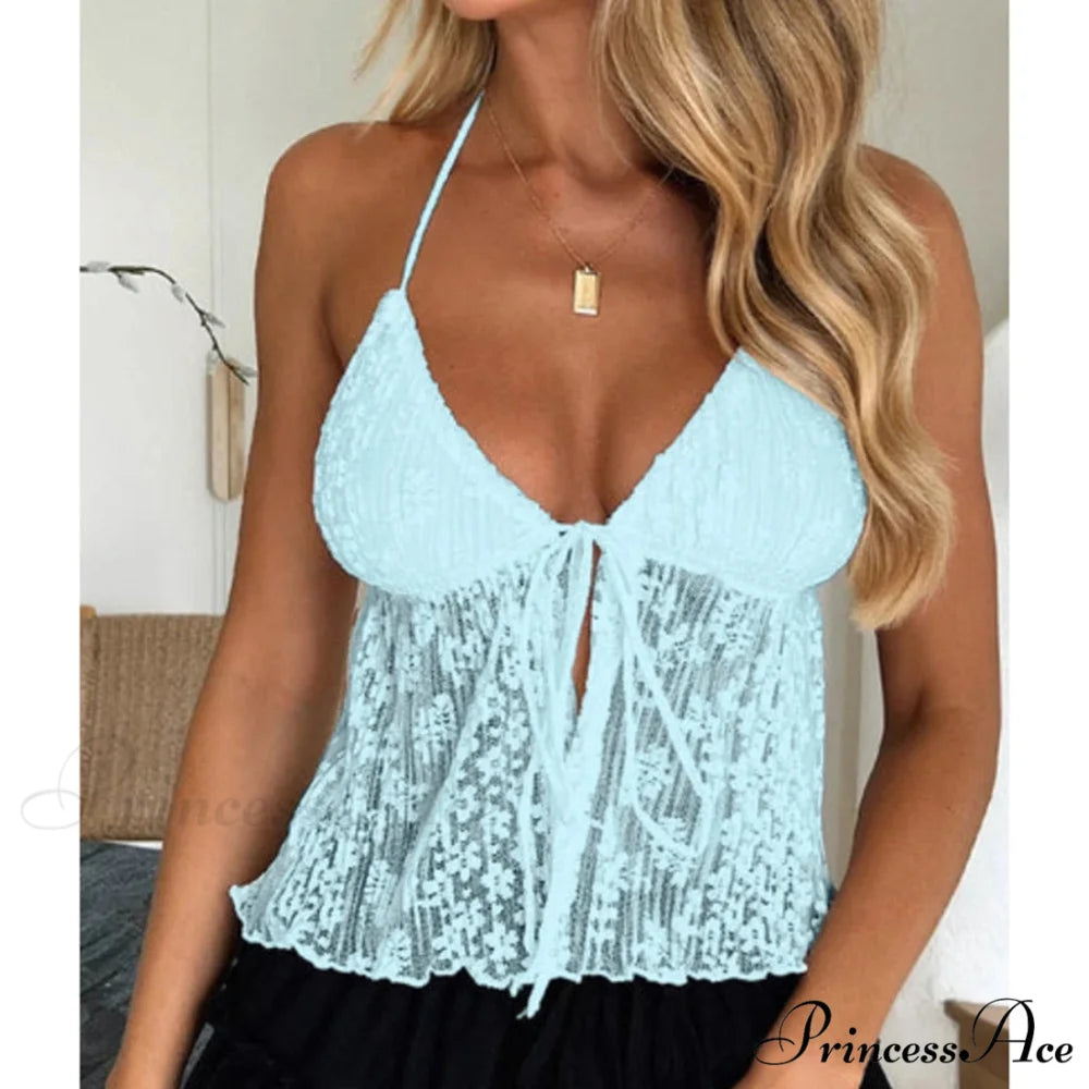 Eclectic Lace Fasten-Up Crop Top sky blue / S croptop-250223