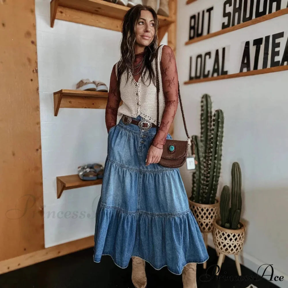 Eclectic Layered Jeans Maxi Skirt skirts-250223