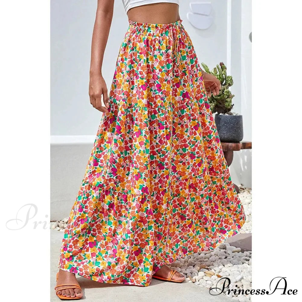 Eclectic Long Skirts Elevated Waist Vibrant Printed Relaxed A-line skirt-250126