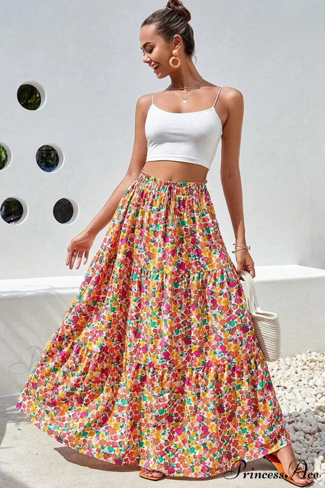 Eclectic Long Skirts Elevated Waist Vibrant Printed Relaxed A-line skirt-250126