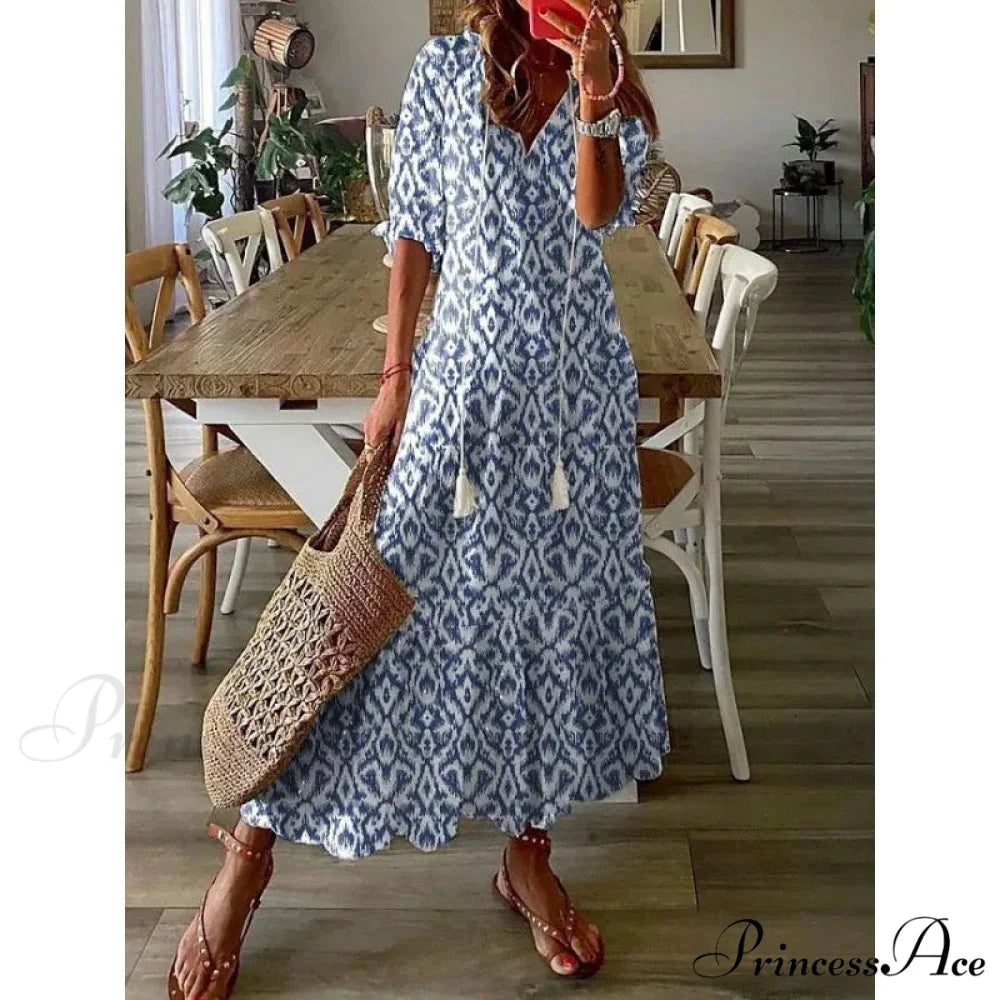 Eclectic Retro Flowery Plunging Neckline Summer Beach Dress Blue / S oldfloraldress-250126