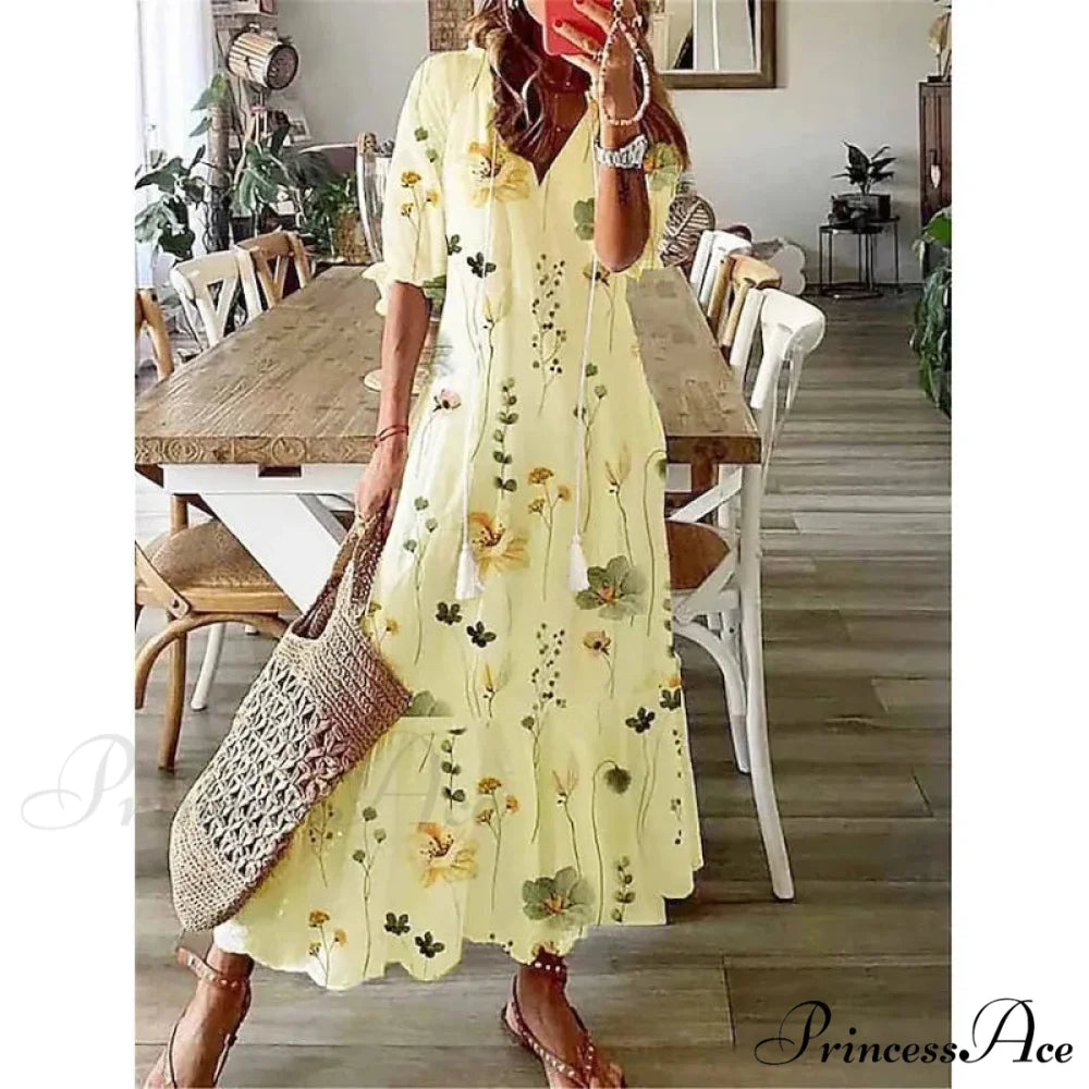 Eclectic Retro Flowery Plunging Neckline Summer Beach Dress Gold / S oldfloraldress-250126