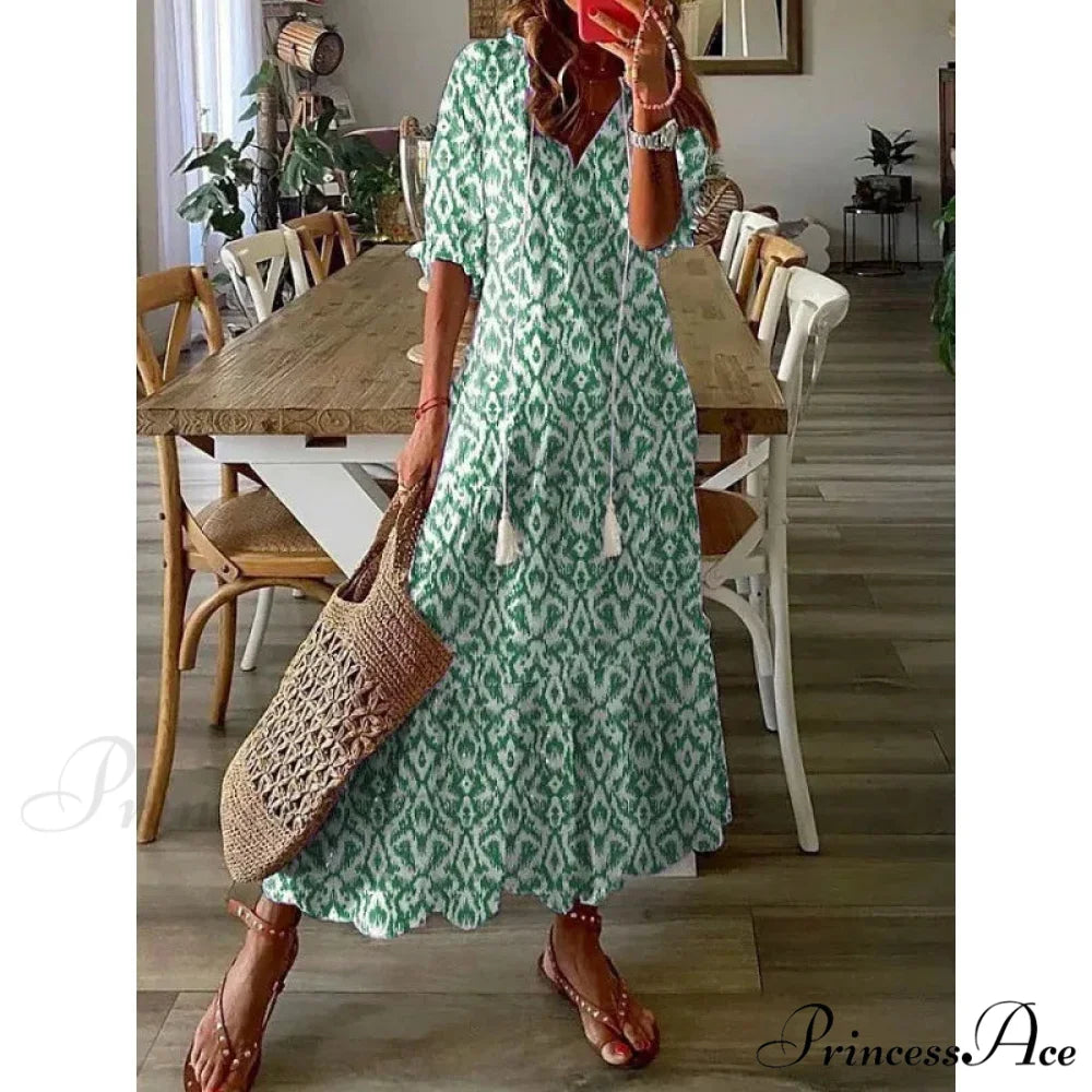Eclectic Retro Flowery Plunging Neckline Summer Beach Dress Green / S oldfloraldress-250126