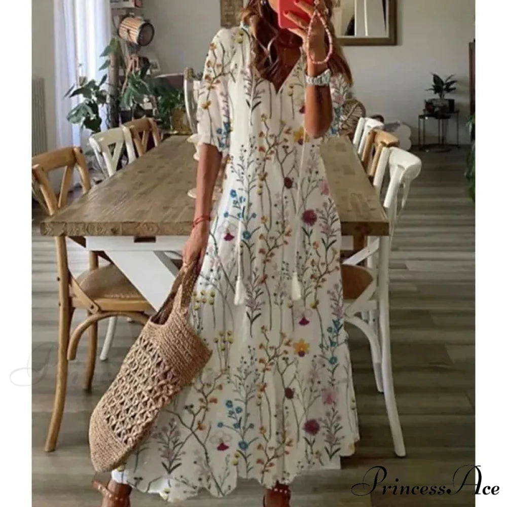 Eclectic Retro Flowery Plunging Neckline Summer Beach Dress Mixed Color / S oldfloraldress-250126
