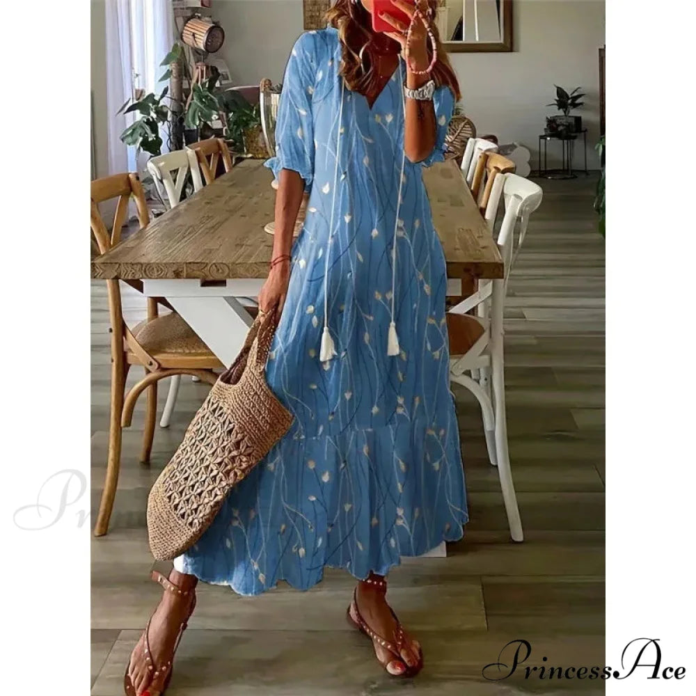 Eclectic Retro Flowery Plunging Neckline Summer Beach Dress Navy Blue / S oldfloraldress-250126