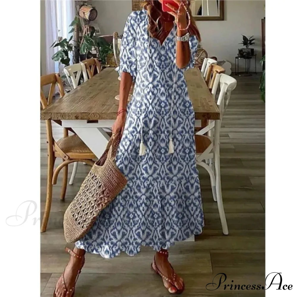 Eclectic Retro Flowery Plunging Neckline Summer Beach Dress oldfloraldress-250126