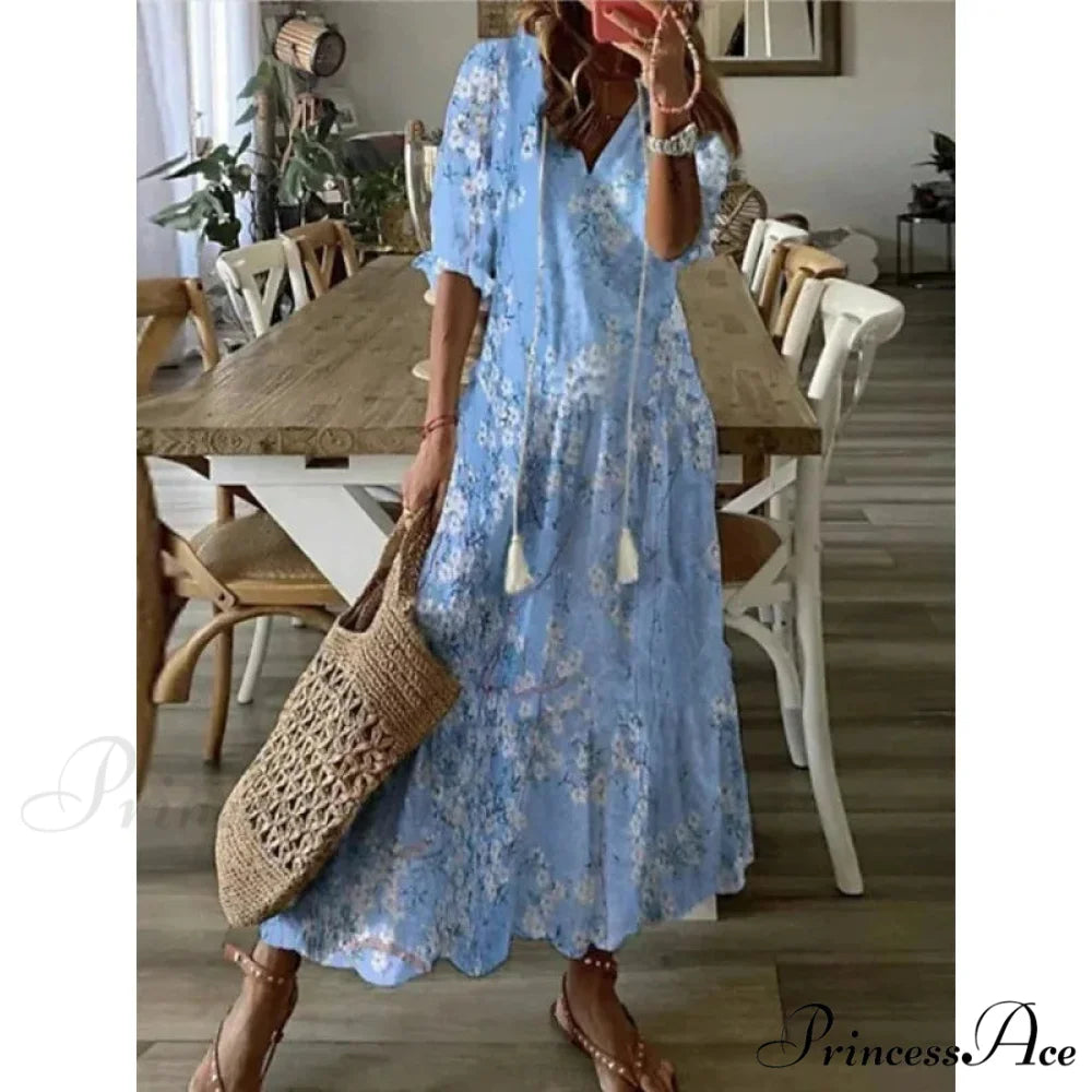 Eclectic Retro Flowery Plunging Neckline Summer Beach Dress SKY BLUE / S oldfloraldress-250126
