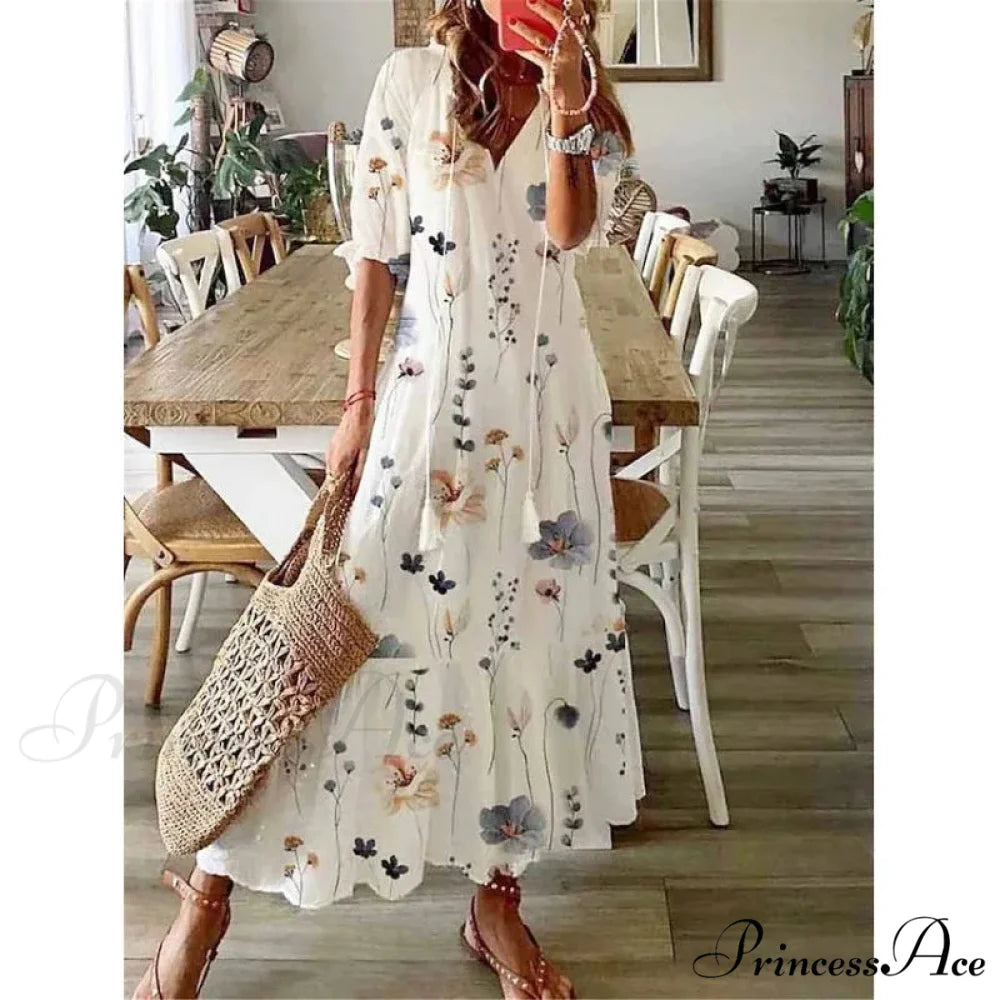 Eclectic Retro Flowery Plunging Neckline Summer Beach Dress WHITE / S oldfloraldress-250126