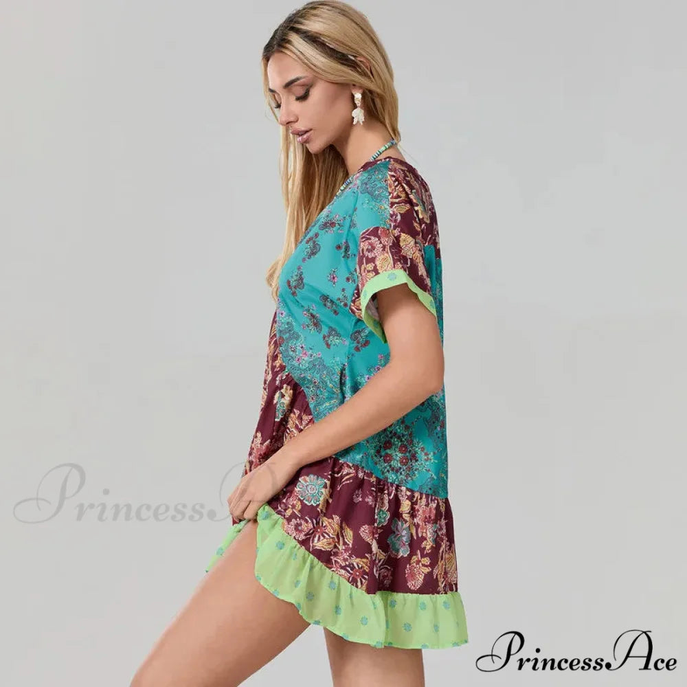 Eclectic Seaside Botanical Pattern Airy Dress with Pockets cloro1 / S oldfloraldress-250126