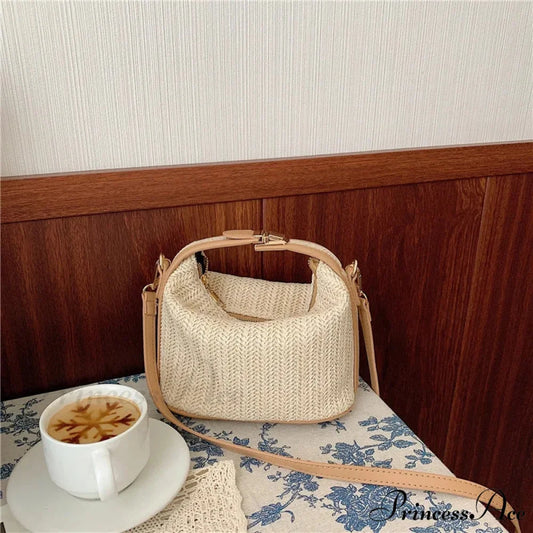 Eclectic Straw Crossbody Bucket Beach Purse khaki / 20x11x12cm handbag-250126