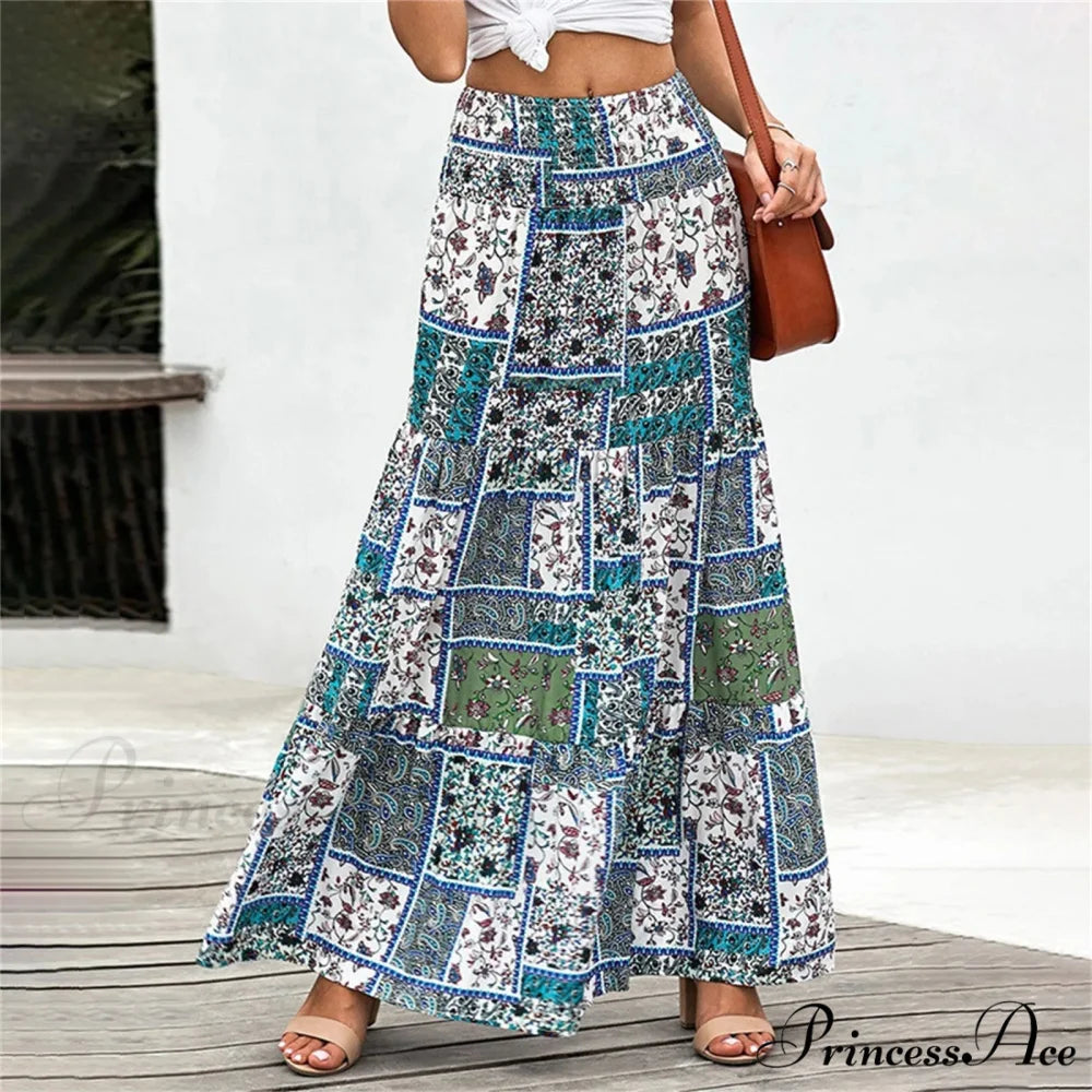 Eclectic Stretchy Waist Botanical Pattern Retro Skirt Blue / S skirt-250126