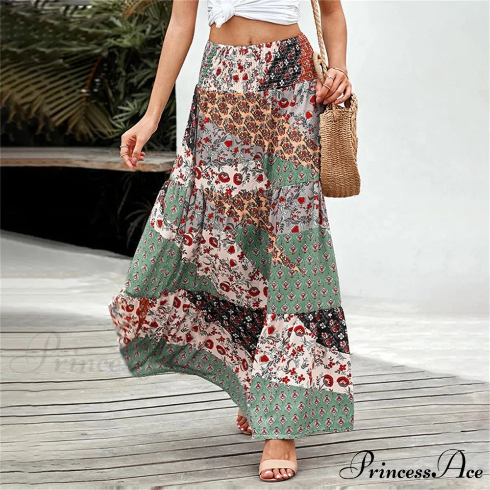 Eclectic Stretchy Waist Botanical Pattern Retro Skirt Green / S skirt-250126