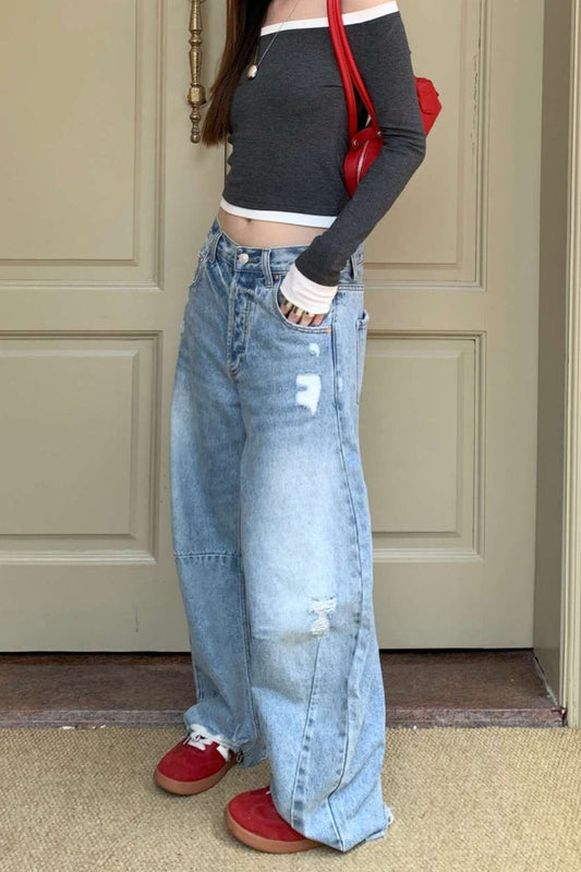 Chic Distressed Curved Wide Leg Vintage Washed Jeans