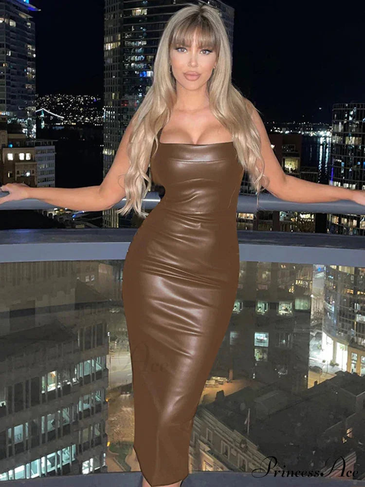 Edgy Faux PU Leather Fashion Sexy Sleeveless Backless Slit Summer Midi Dress Brown / S