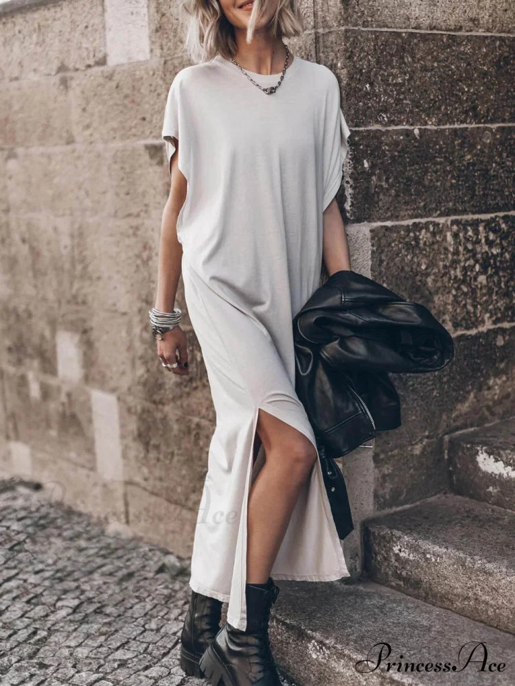 Effortless Open Sleeve Slit Graceful Oversized T-shirt Midi Dress Light Grey / S